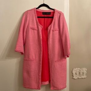 Zara pink tweed duster length coat